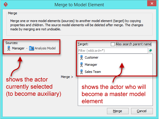 Merge to Model Element dialog box