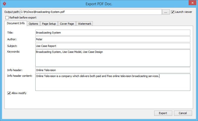 Export PDF Doc window