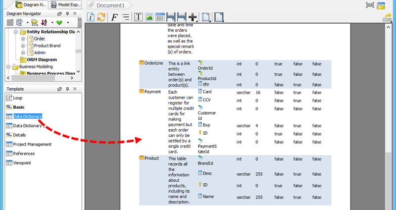 Drag Data Dictionary template to document