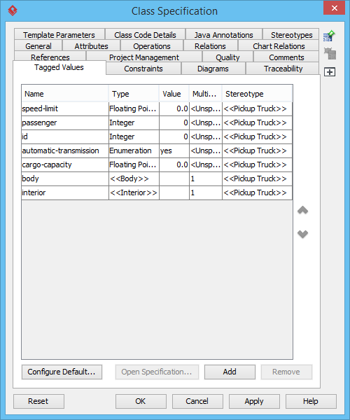 Tagged values tab