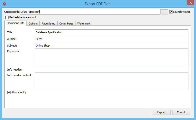 Export PDF Doc window