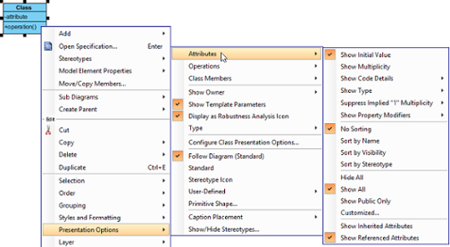 Change the operations' presentation options for a class