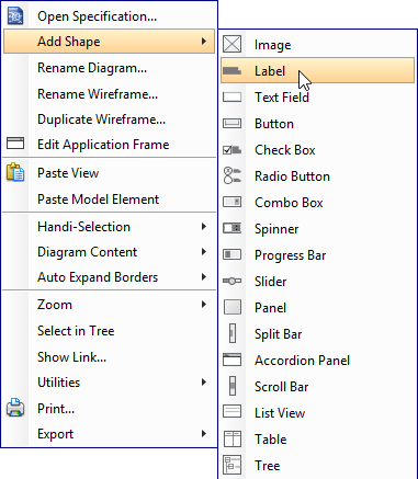 Creating a wireframe element via the popup menu