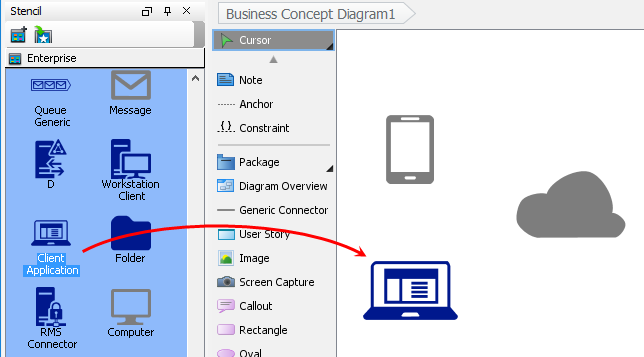 Dragging stencil shape to diagram