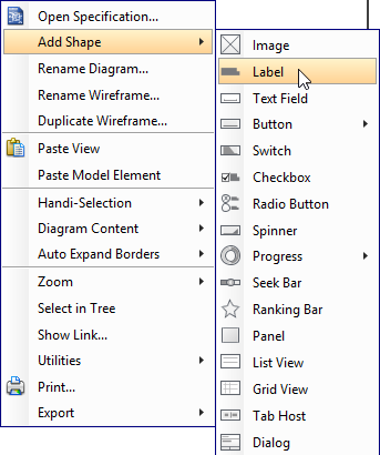 Creating a wireframe element via the popup menu