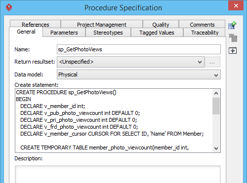 Create statement of stored procedure