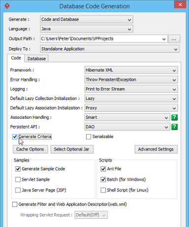 Checking Generate Criteria in Database Code Generation window