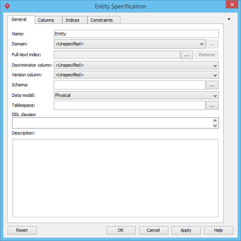 The Entity Specification window