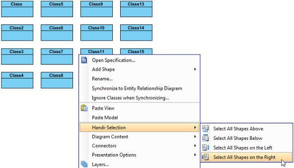 Select all shapes on the right from the pop-up menu