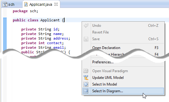 Open the view of UML class from a source file