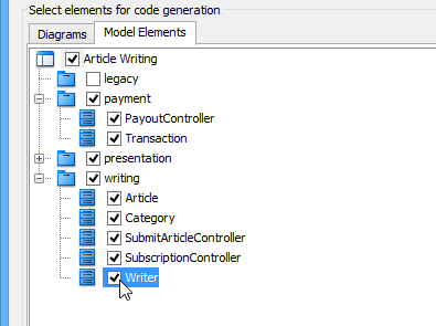 Selecting classes to generate code