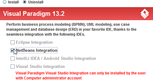 Select NetBeans integration for uninstallation