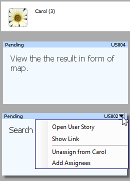 Popup menu of user story